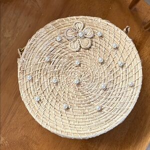 Round Woven Straw Crossbody with Pearl Accents